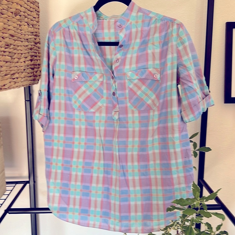 Vintage pink, aqua, lilac plaid shirt